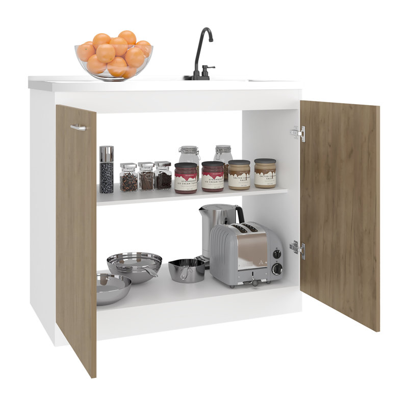 Évier utilitaire autoportant avec robinet en plastique et comptoir intégré, armoire naturelle + blanche pour garage, deux tablettes intérieures avec poignées en métal, nettoyage de cuisine de style moderne, rapide