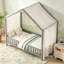 Lit de sol avec auvent Montessori, cadre de lit simple pour enfants, conception en forme de maison avec balustrades hautes et toit en bois-567053877-567053879