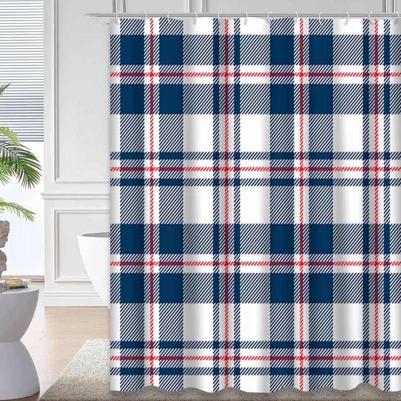 Rideau de douche bleu, rouge, tartan et bleu marine avec 12 crochets, L 72 po x l 84 po