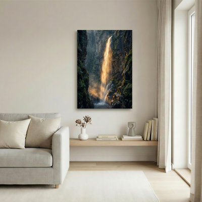 Golden Sunlit Waterfall in Narrow Rock Canyon Canvas Wall Art