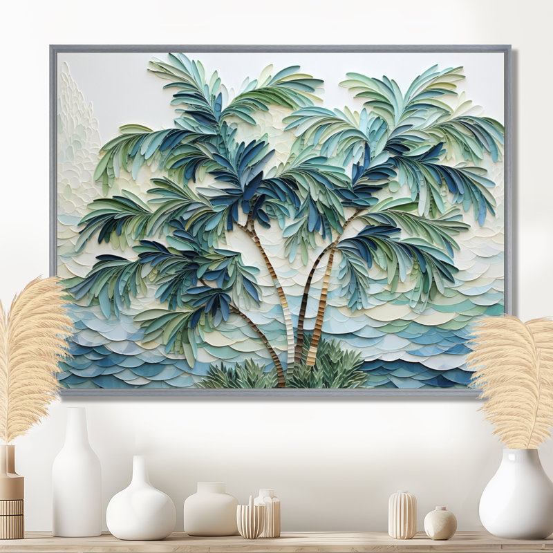 «Green Minimalims Palm Trees» - reproduction d'art sur toile Palm Trees, H 16 po x l 32 po x P 1 po, Encadrement argenté