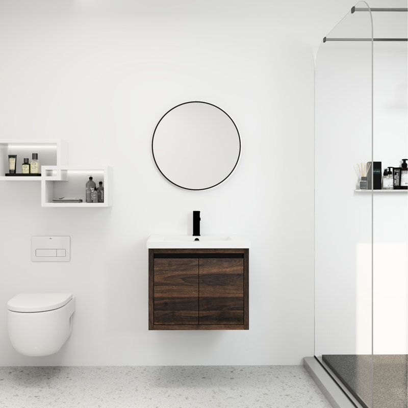 Armoire de salle de bain avec portes à fermeture en douceur - 24 po, fixation murale, noyer, évier moderne avec rangement 24 x 18 po, conception