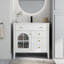 Meuble-lavabo sur pied blanc, en verre, avec éclairage automatique à détecteur de mouvement, tiroir à couvercle rabattable, lavabo intégré, meuble de salle de bain haut de gamme, étagères réglables et éclairage intégré.