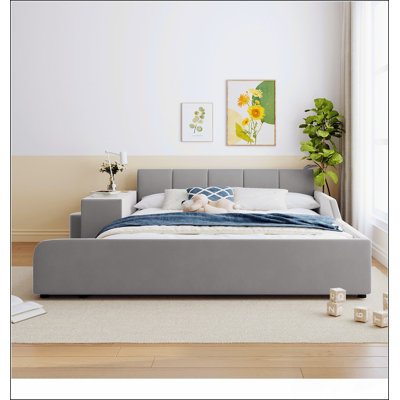 Upholstered Grounded Bed With Built-In Bedside Desk And Round Stool, Perfect For Comfort And Space Efficiency