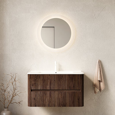 Meuble-lavabo mural 36 po avec 2 tiroirs, lavabo en céramique blanc, noyer rétro, pré-assemblé, sans robinet, lavabo brillant, teinté, armoire en contreplaqué, grand rangement, glissières de tiroir à fermeture en douceur flottantes