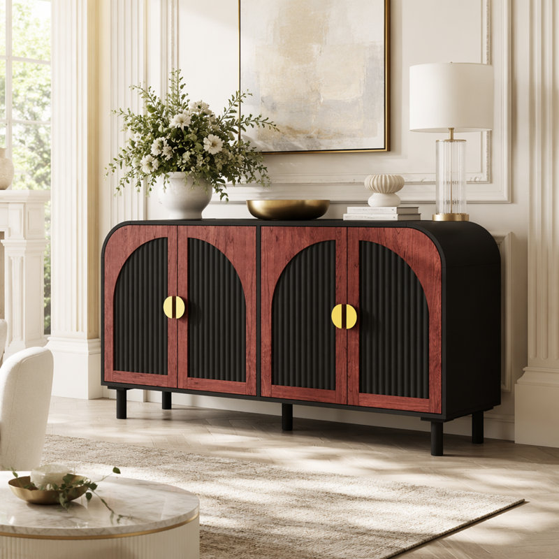 Buffet rétro arqué avec poignée demi-lune dorée, armoire de rangement en panneau de fibres à densité moyenne avec tablettes réglables et pied central en bois massif, armoire à 4 portes pour la salle à manger, le vestibule et le salon