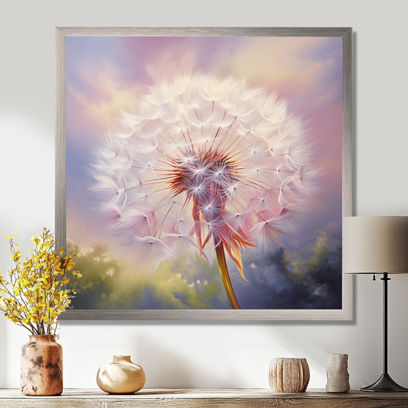 Impression romantique pissenlit mauve II - Pissenlit, Cadre simple argenté, H 16 po x l 16 po x P 1 po