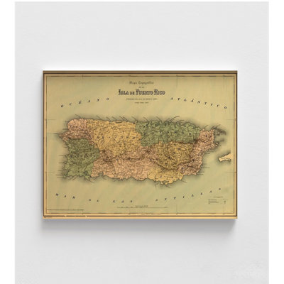 Puerto Rico 1886, Antique Map Of Puerto Rico, Rustic Hallway Map Poster Print, Framed Puerto Rico Artwork, Farmhouse Style Entryway