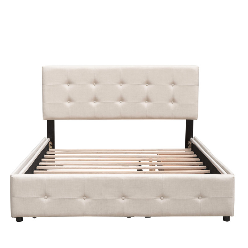 Lit plateforme tapissier avec 2 tiroirs et 1 lit gigogne simple TG - Tissu en lin beige grand, Beige