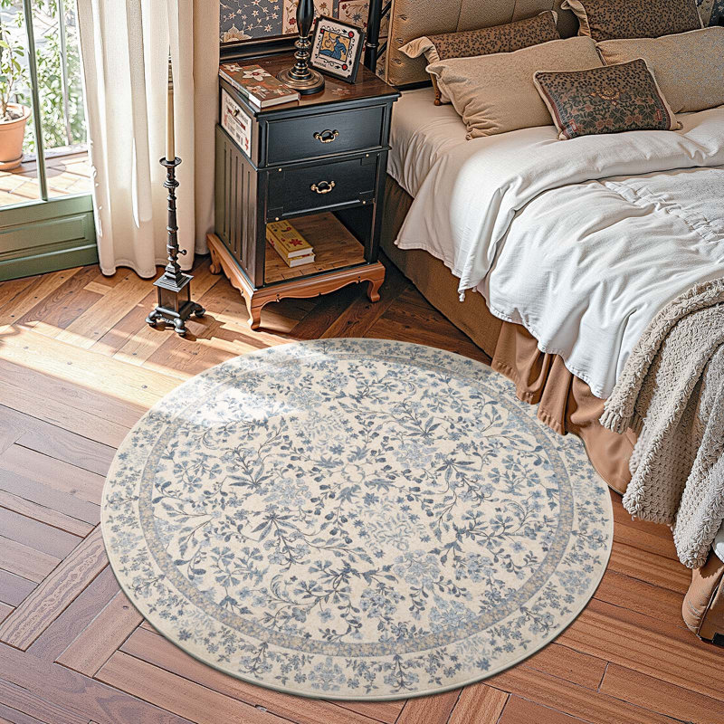 Floral Machine Washable Area Rug, Blue, Round 5'