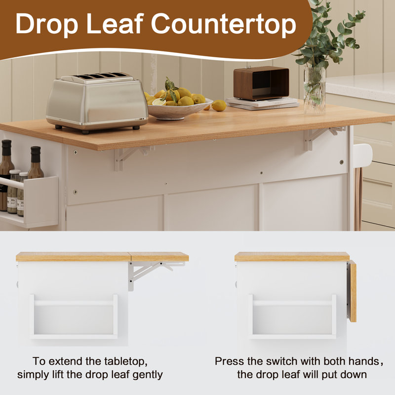 Kitchen Island With Drop Leaf, Tilt Out Kitchen Trash Cabinet, Rolling Storage Cart With Lockable Wheels & Adjustable Shelves