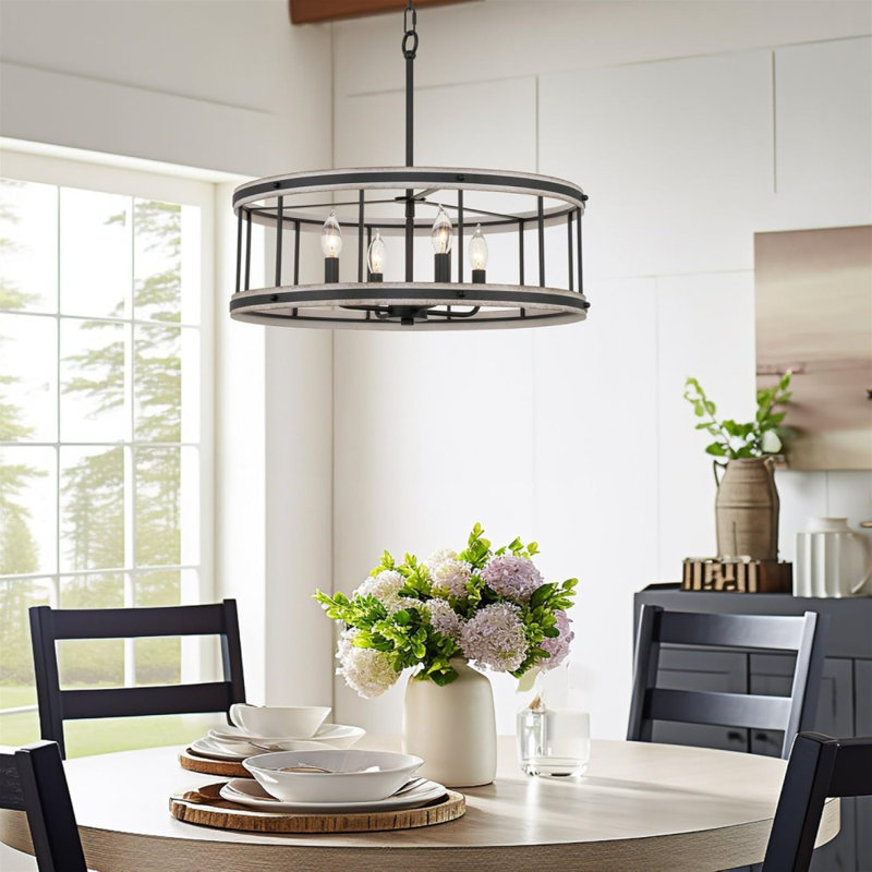 21" 4-Light Farmhouse Pendant Drum Chandelier, White Ash Wood Style + Black Finish
