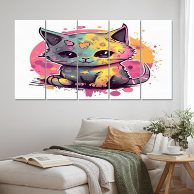 Pink Cute Kitten Cat Illustration I - Animals Cat Canvas Art Print - 5 Equal Panels