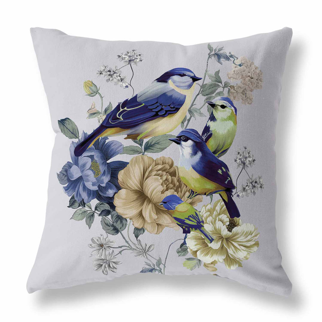 Petal Perched Birds Floral Square Cushion With Filling