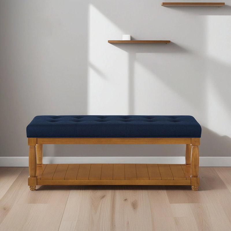 Banc rembourré 44 po avec tablette de rangement Mid-Century, Navy Blue