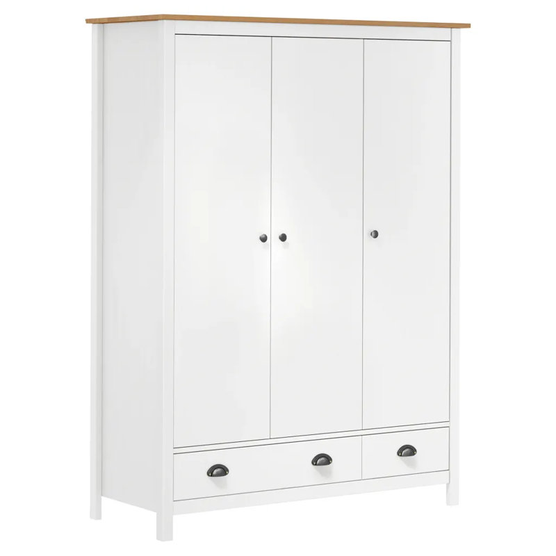 Norval 3 Door Solid Wood Wardrobe, White/Honey Brown