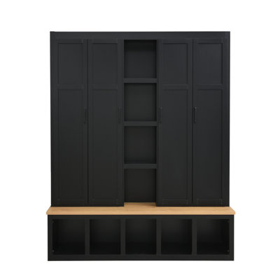 62.9"W Farmhouse 4-In-1 Hall Tree With 6 Hanging Hooks, Mudroom Wood Grain Bench With Open Compartments, Entryway Shoe Cabinet With Seating Bench For Living Room, Hallway