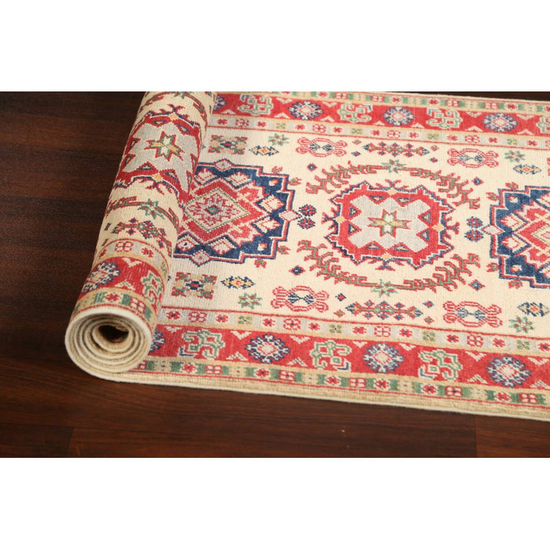 Tapis de couloir géométrique beige / rouge / bleu clair / brun en laine noué à la main de conception unique 2 pi 8 po x 12 pi