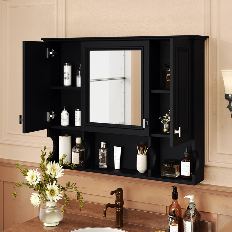 Armoire à pharmacie murale avec miroir et tablettes ouvertes, solution de rangement moderne et fonctionnelle