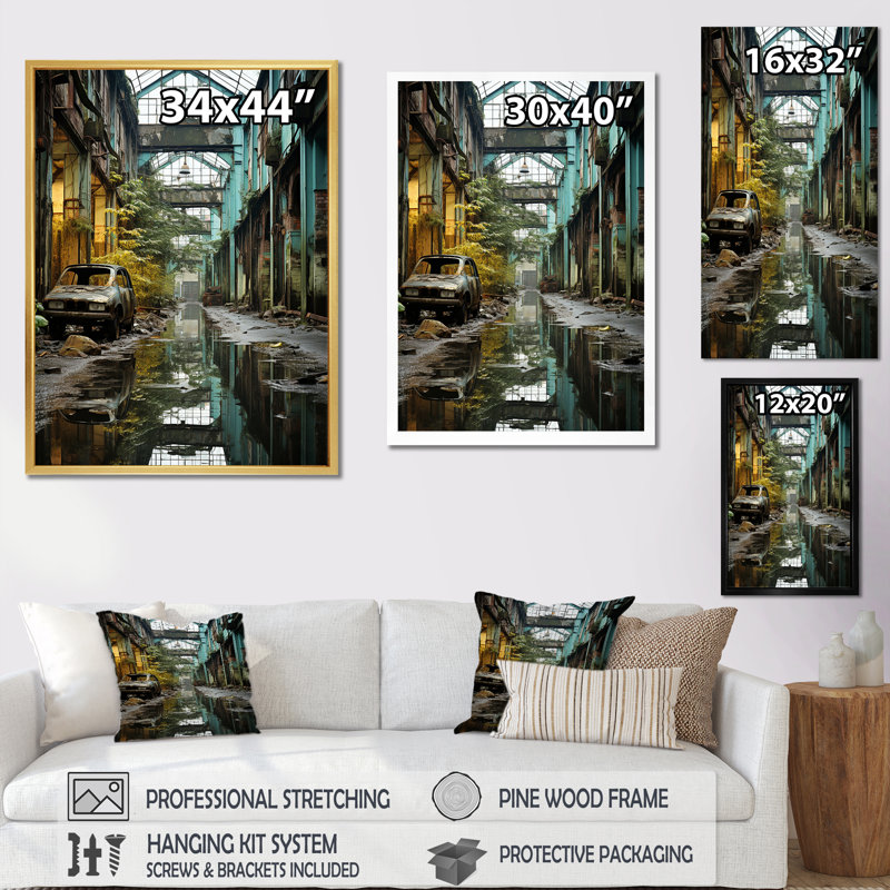 Paysage industriel, sarcelle, transformation sur toile, H 44 po x l 34 po x P 1,5 po, Cadre flottant noir