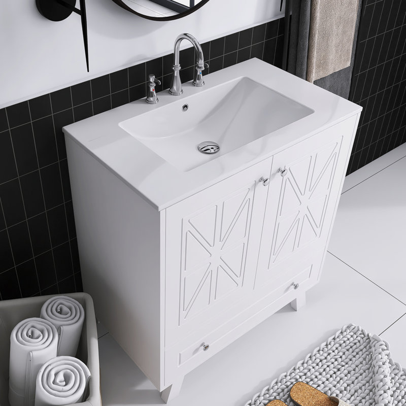 White MDF Single Sink Freestanding Bath Vanity with Ceramic Top