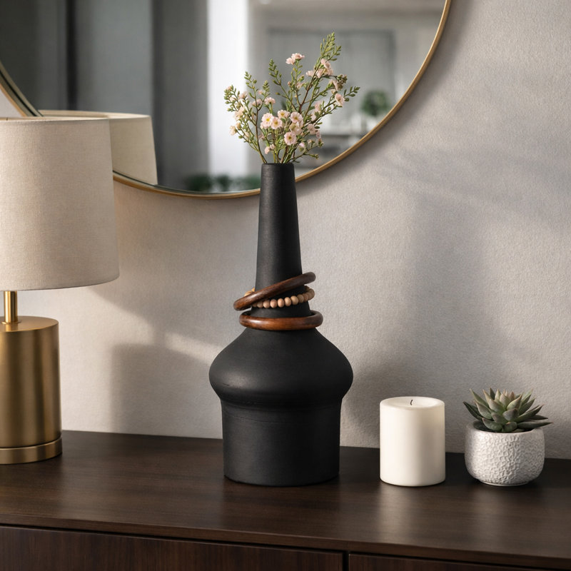 Modern Sculptural Metal Bottle Shape Table Vase with Wooden Rings for Home Decor - Artistic Tall Flower Vase for Living Room Styling - Black & Brown