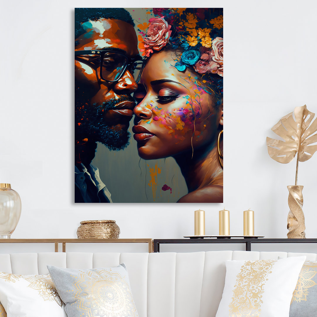 Loving Couple Kissing Floral Design V - Romantic Landscape Canvas Art House of Hampton®