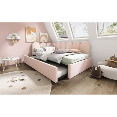 Upholstered Bed Daybed With Pull-Out Bed, Twin Size Single Sofa Bed,Guest Beds For Adults And Children, Bed With Metal Slatted Frame, Velvet, Pink (Without Mattress)