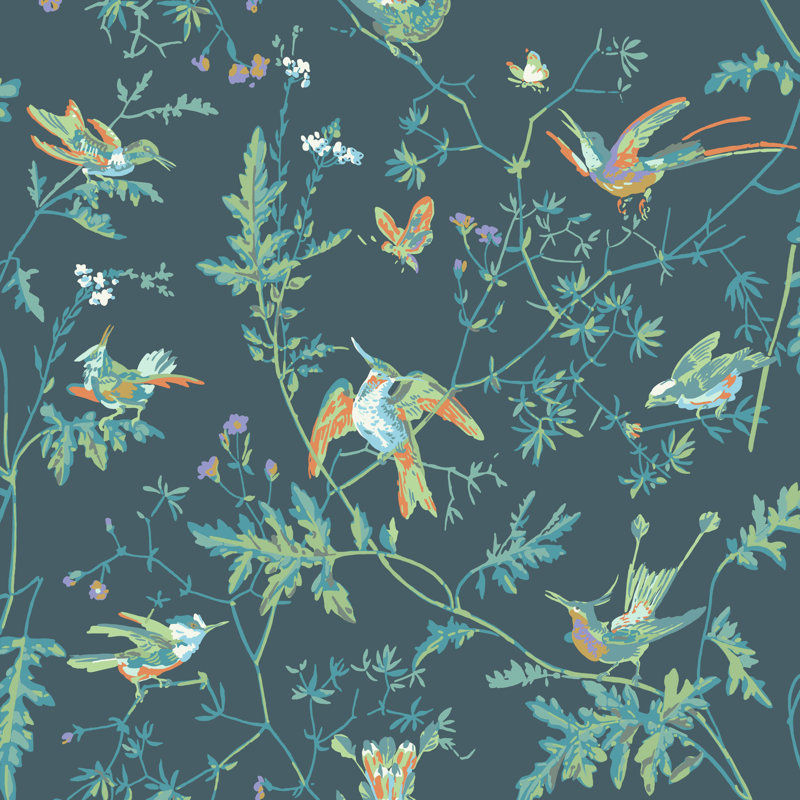 Hummingbirds Floral Wallpaper Roll, Viridian
