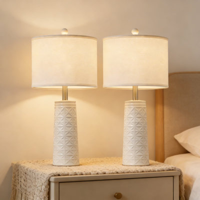 Set Of 2 Modern Resin Table Lamps With Linen Shades, 3-Way Dimmable LED Bedside Lamps For Living Room, Bedroom Nightstand, Or Office Desk, Bulbs Included