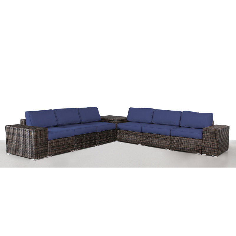 Ensemble de conversation en osier pour 6 personnes avec coussins Demarest, Bleu marine Sunbrella