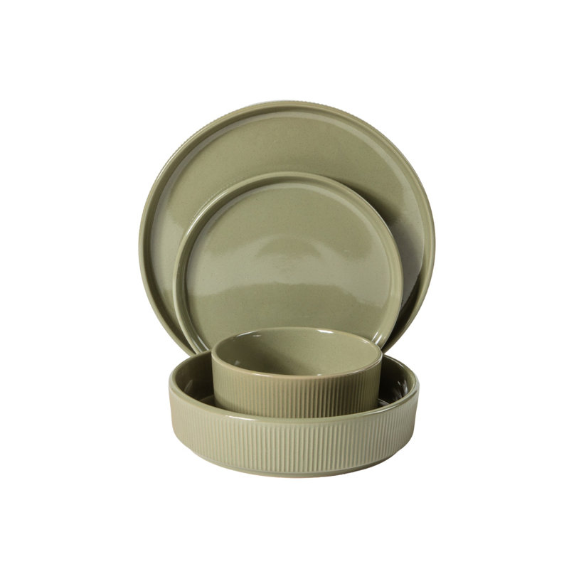 Service de table Gibson Elite Highspire 16 pièces en grès gaufré pour 4 personnes, assiettes et bols, Vert olive