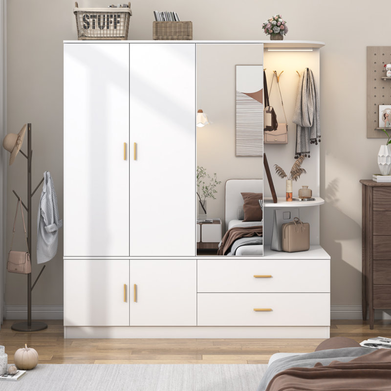 Modern Armoire Wardrobe Closet With Mirror And Sensor Light,Large Wardrobe Closet With Open Shelves, 4 Hooks, 2 Hanging Rods, 5 Doors 2 Drawers