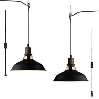 Plug in Pendant Lights Adjustable Hanging Height with Black Barn Shade On/Off Switch Set of 2