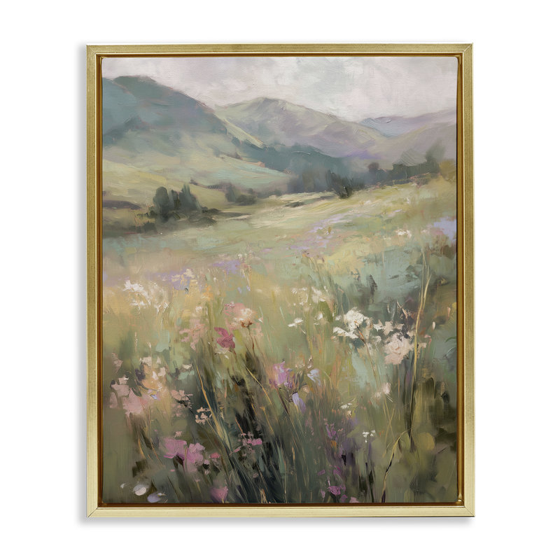 Cadre flottant Sunlit Meadows Landscape, design par Svetlana Aleynikova, H 21 po x l 17 po, Cadre flottant métallique doré