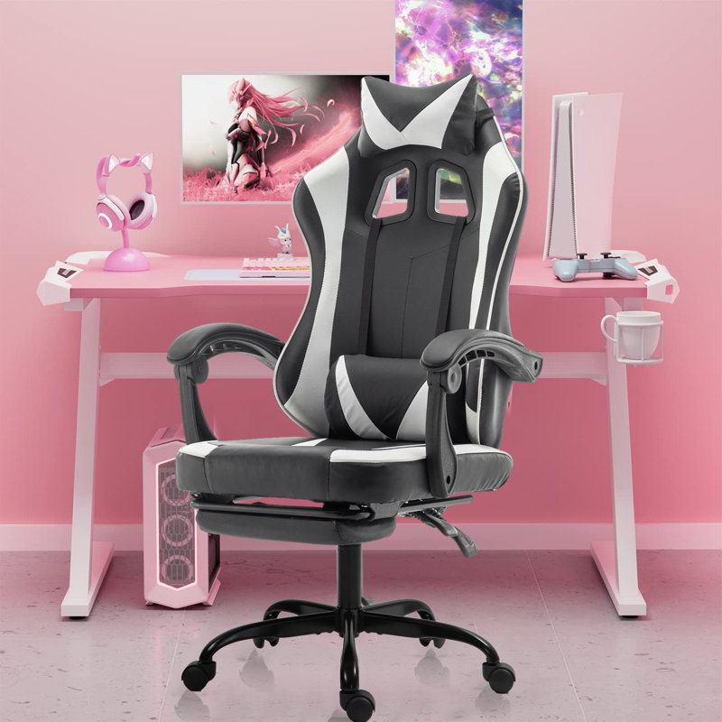 Radelldar Adjustable Reclining Ergonomic Faux Leather Swiveling PC & Racing Game Chair with Footrest, Black/White