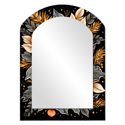 White Rose Golden Leaves Retro Illustration - Roses Arch Wall Mirror, Modern Asymmetrical Decorative Mirror, Printed Metal Art