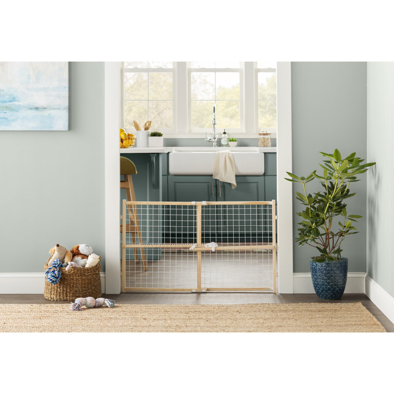 Natural Wood and White Wire Mesh Retractable Pet Gate