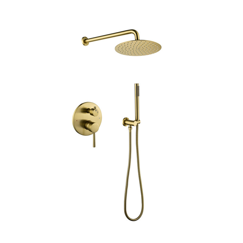 Système de douche en or brossé, ensemble de robinet de douche à haute pression mural avec pomme de douche à pluie en acier inoxydable de 10 po et douche à main, ensemble de valve à pression équilibrée 2 voies pour salle de bain