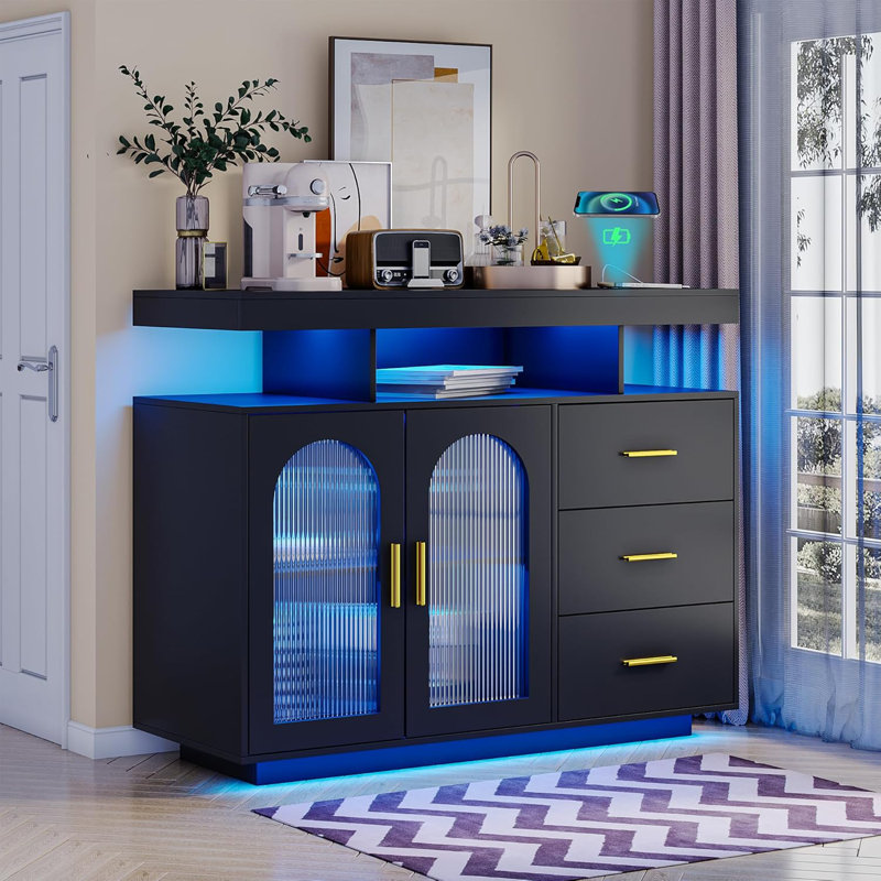 40" LED Buffet Cabinet with Wireless Charging Station,Auto Sensor RGB 20-Colour Dimmable Sideboard with Human Body Induction,Sideboards Cabinet with 1 USB&Type-C Port and 3 Drawers