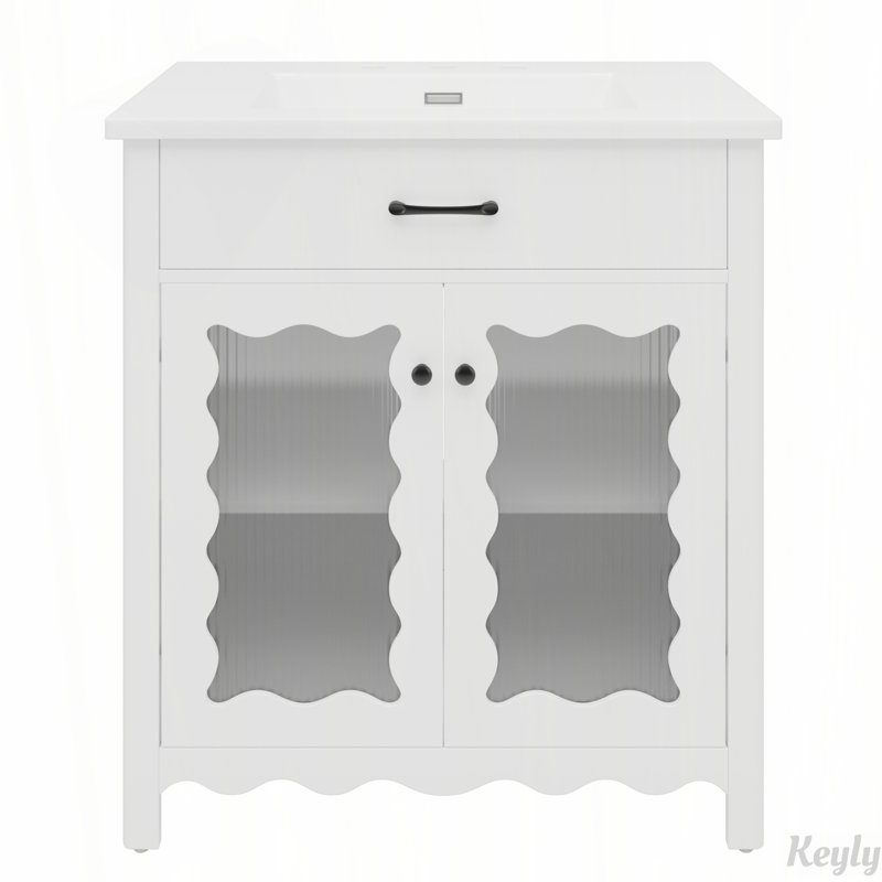 Meuble-lavabo 31 po avec verre trempé, Blanc/Noir