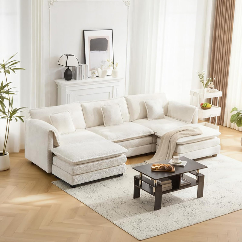 112" U Shaped Modular Sectional Sofa, 3 Seater Comfy Cloud Couch With Movable Ottoman, Deep Seat Couches For Living Room, Bedroom, Apartment (beige)
