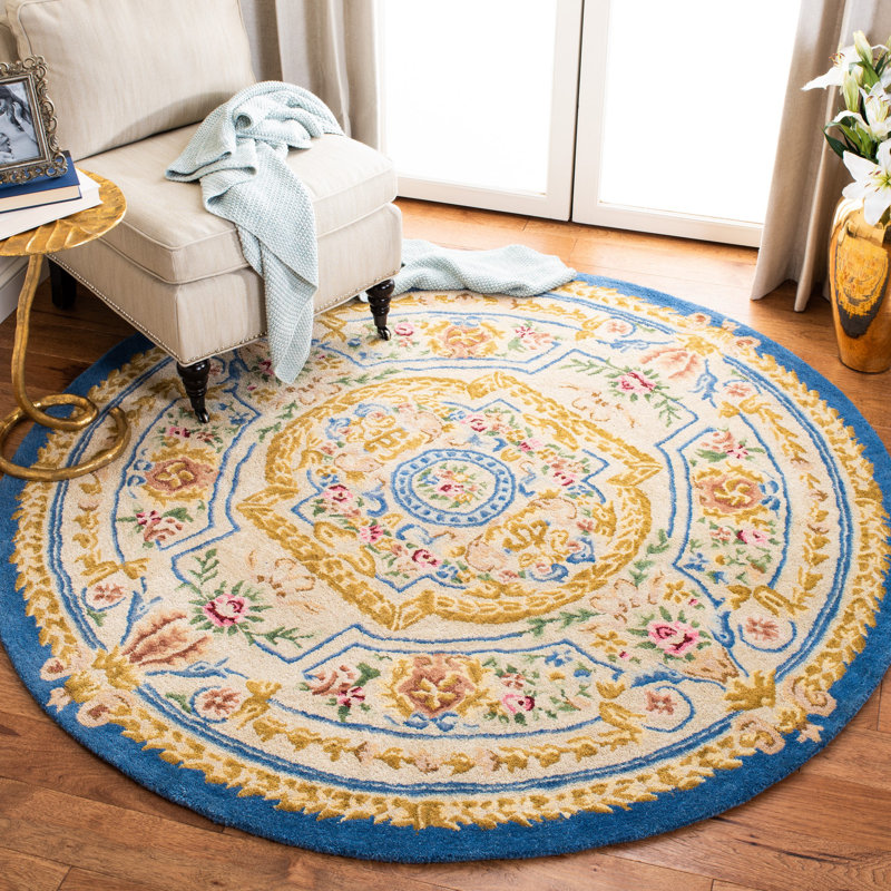 Tapis bleu / ivoire en laine touffeté à la main Priscila, Rond 6 pi