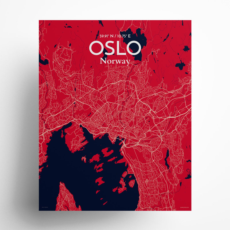 Oslo, carte de la ville, impression, H 20 po x l 16 po, Rouge / bleu marine