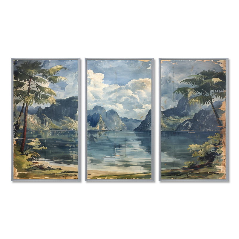 Ensemble de décorations murales vietnamiennes, «Bay Long Beach», Vietnam, Toile argentée avec cadre flottant
