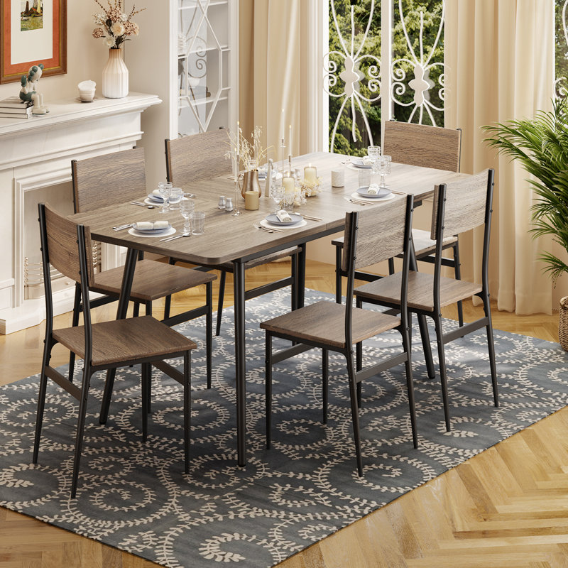 Deyton Modern 7-Piece Rectangular Expandable Dining Set with Wood Chairs, 63'' Table, Gray
