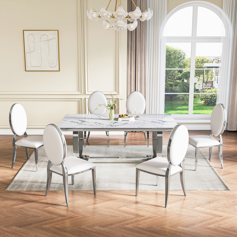 Modern Dining Room Set, Faux Marble Tabletop Kitchen Dining Table Set With Upholstered Chairs, White/Silver, White/Silver