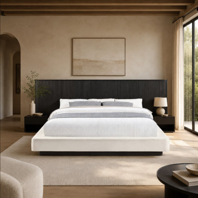 Jeh King Low Platform Bed, Fluted Headboard, Beige Linen, Espresso Brown