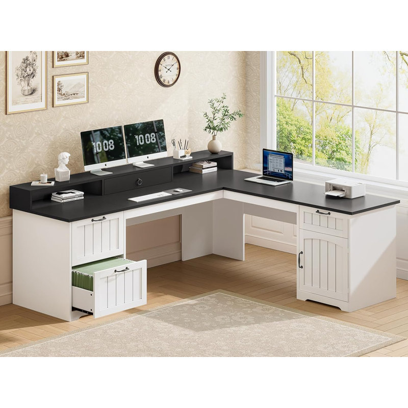 63" L Shaped Desk With Drawers, Farmhouse Corner Computer Desk, Black/White