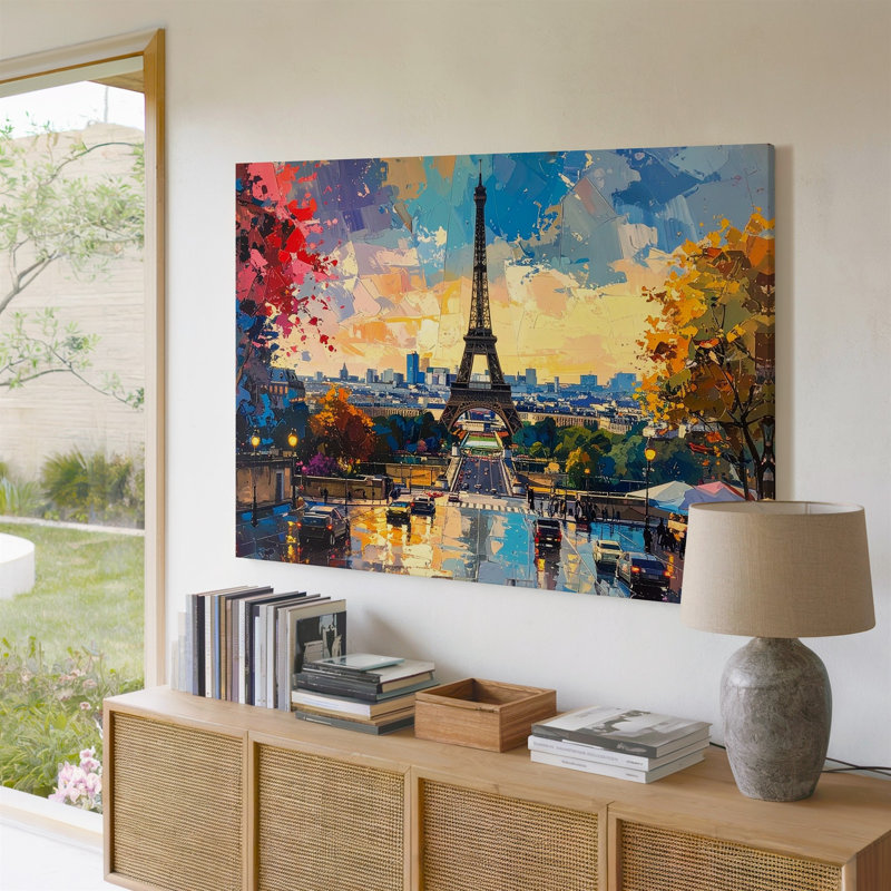 «Parisian Rain Collage Vibrant Eiffel Tower Street Art», art mural sur toile, prêt à accrocher, galerie, décoration intérieure, conception moderne, qualité supérieure